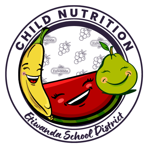 Child Nutrition Etiwanda School District Logo with Smiling Cartoon Fruits