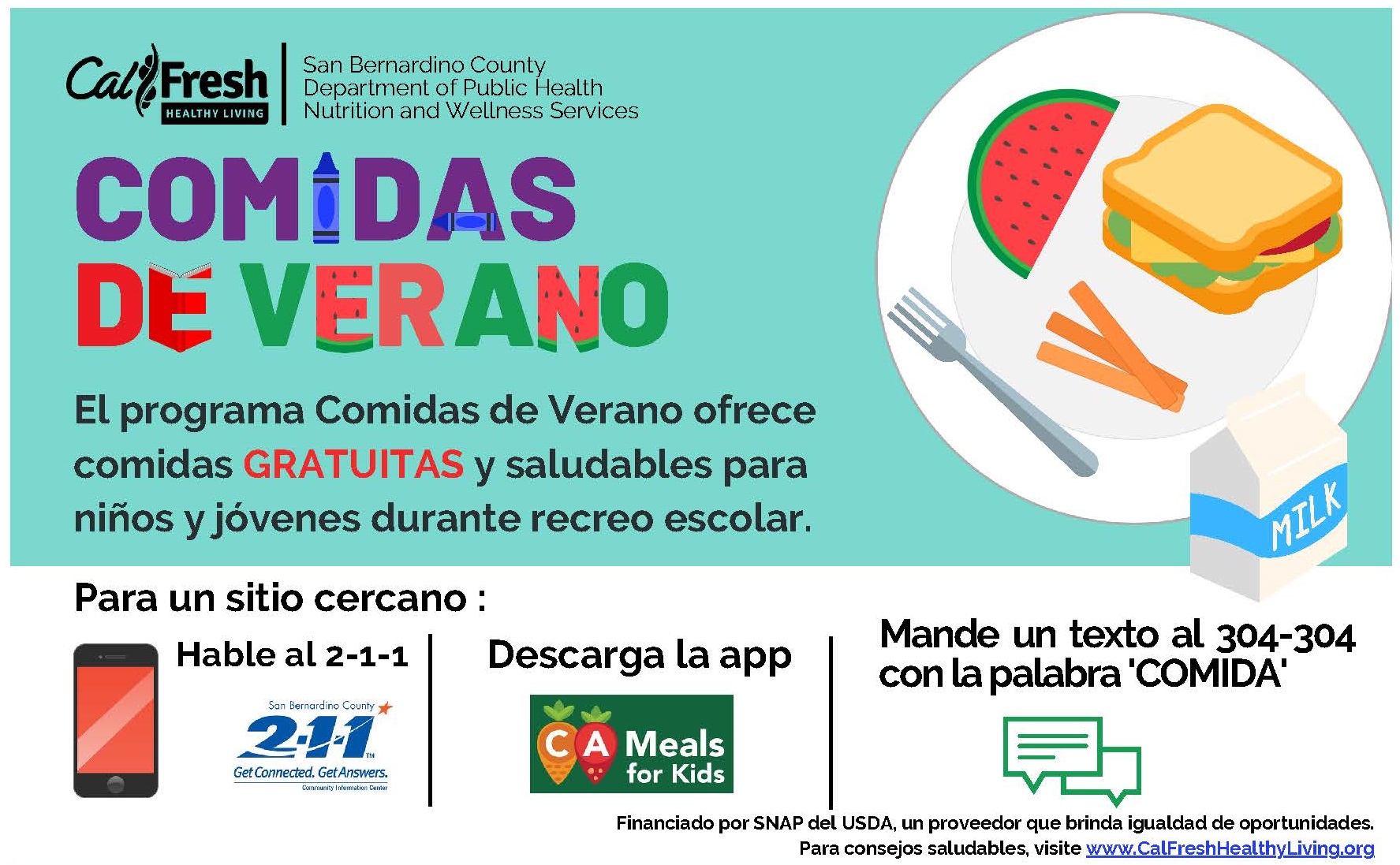 Instructions in Spanish on how to find summer meals for kids, repeated in accompanying text, below