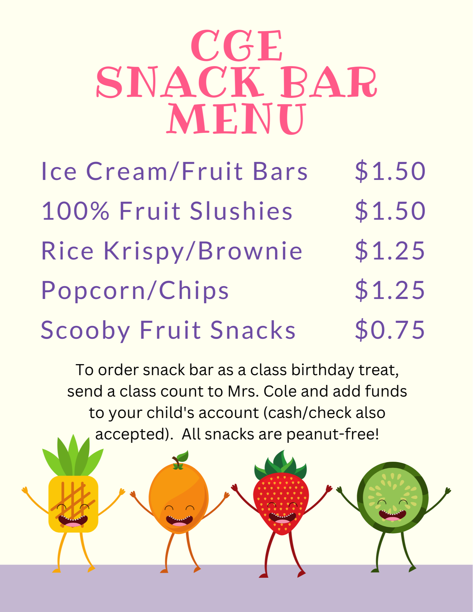 Snack Bar menu