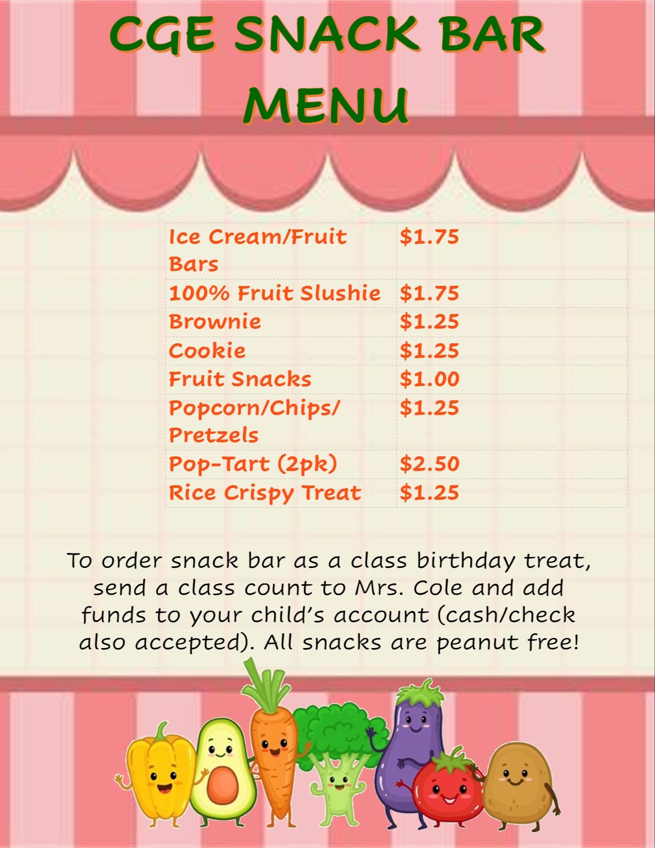 Snack Bar menu