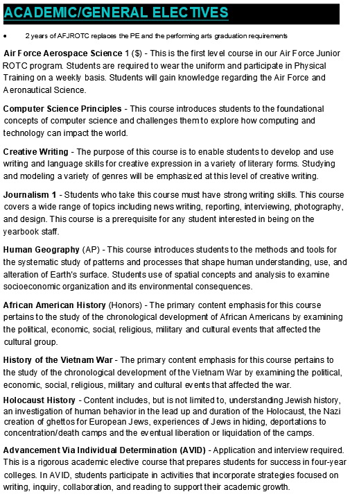 freshmen academic electives