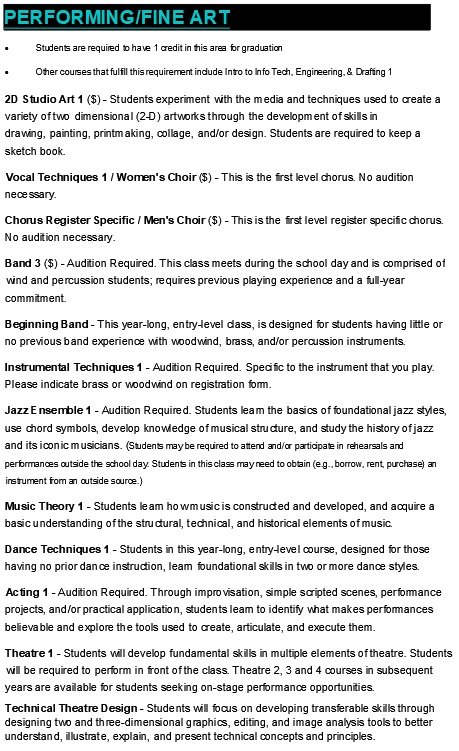 freshmen performing fine arts electives