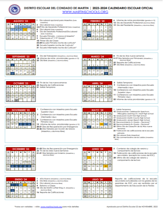 2023 - 2024 School Calendar | Martin County High School