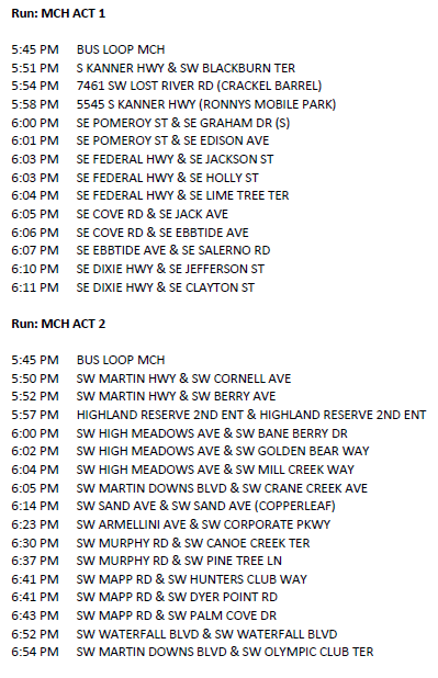 MCHS Activity Bus Schedule