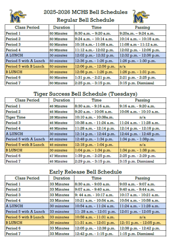 2025-2026 MCHS Bell Schedules