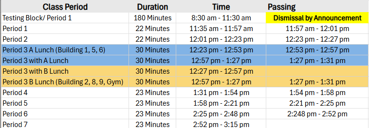 MCHS December 2 Testing Bell Schedule