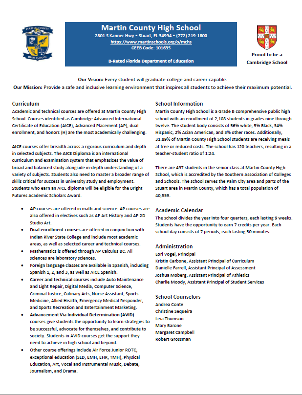 MCHS School Profile Page 1