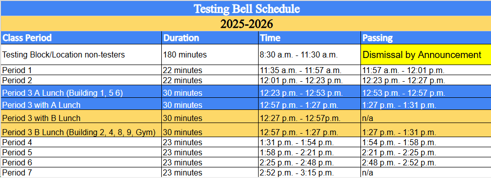 May 2026 MCHS Testing Bell Schedule