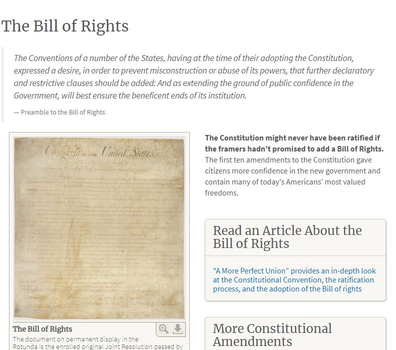 Bill of Rights Webpage in the National Archives
