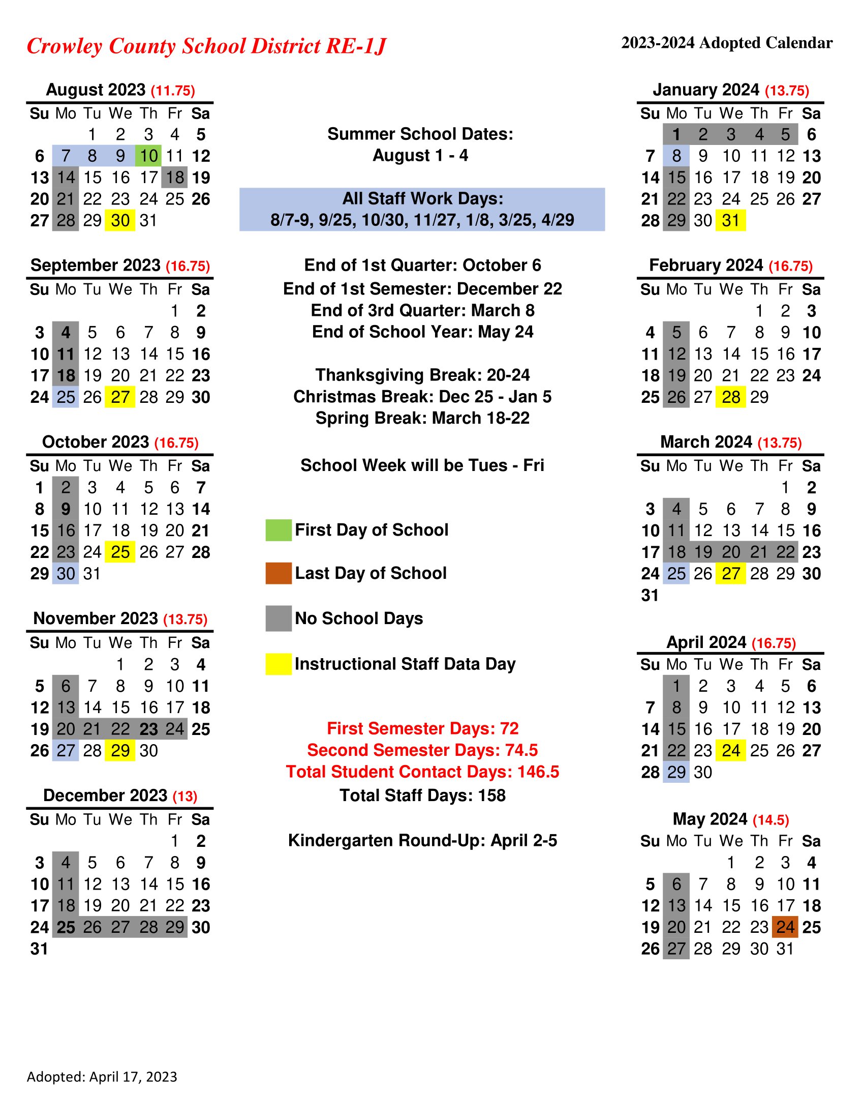 Crowley County School District RE1J Calendar 2024