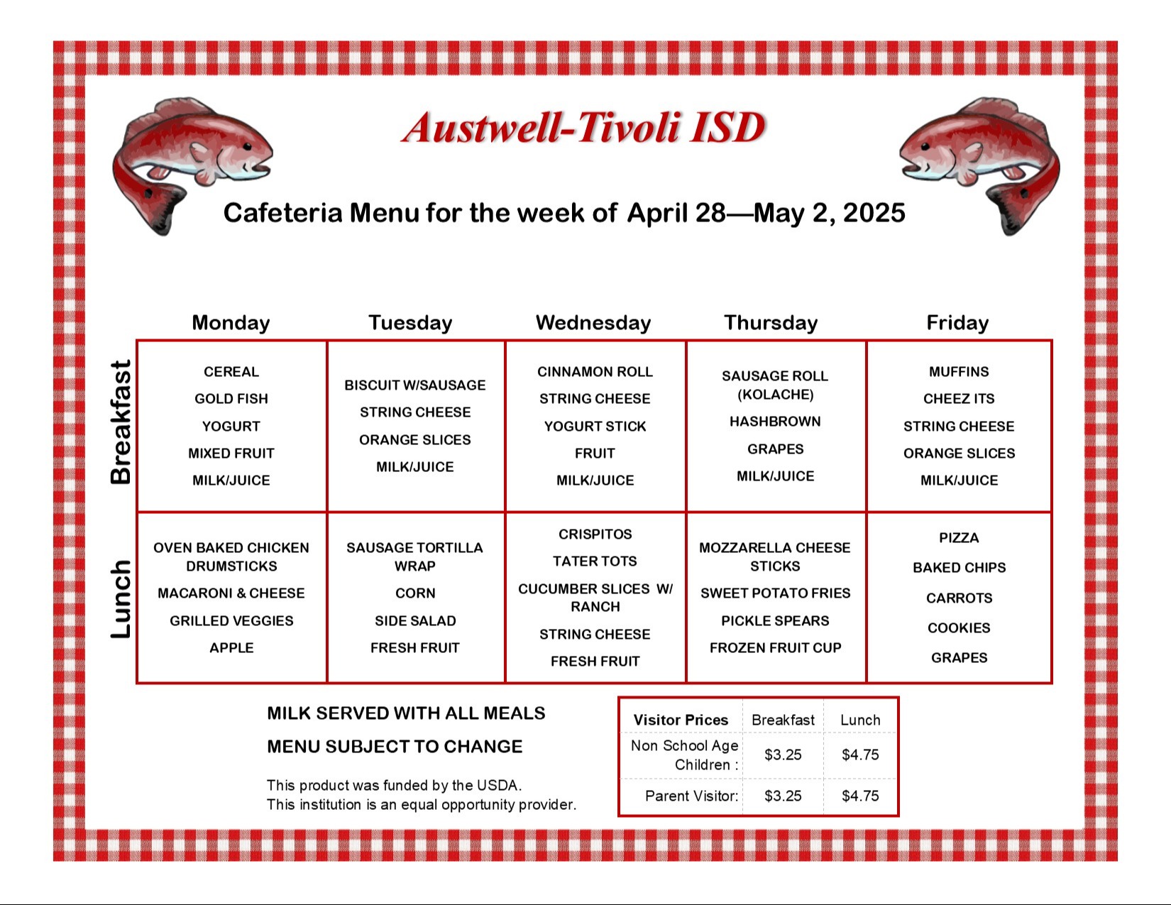 Menu for April 28-May 2, 2025