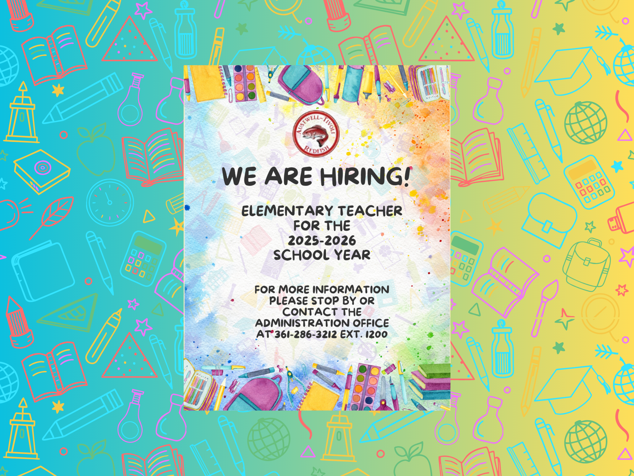 We are hiring an Elementary Teacher for the 2025-2026 school year. Contact 361-286-3212 extension 1200 for more information.