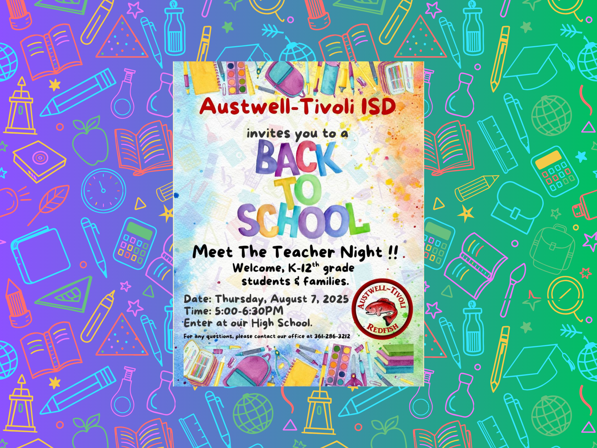 Meet the Teacher Night for K-12 students and families will be Thursday, August 7th from 5-6:30pm. Enter at our High School.