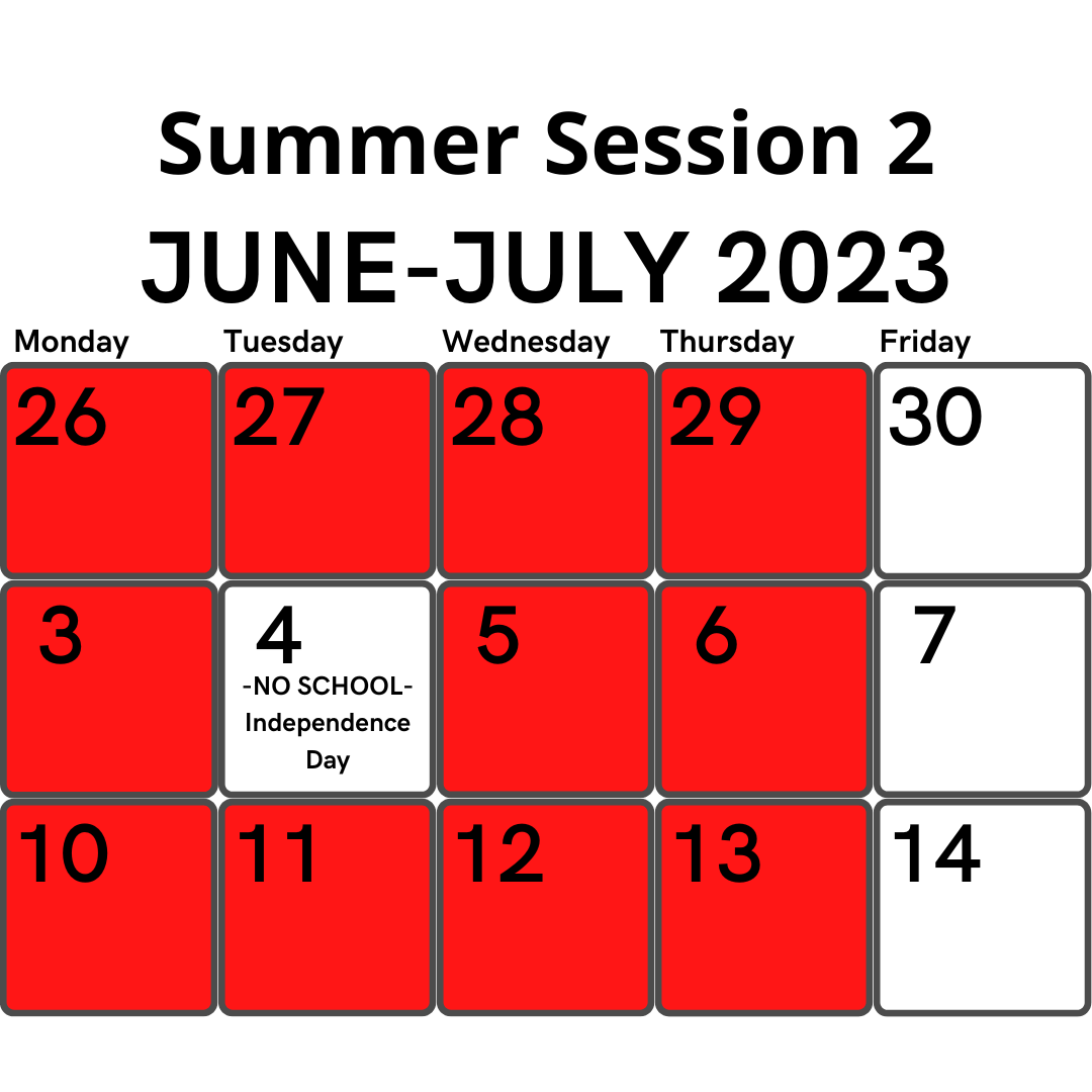 summer intersession 2 calendar graphic