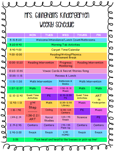 Kindergarten Sample Schedule