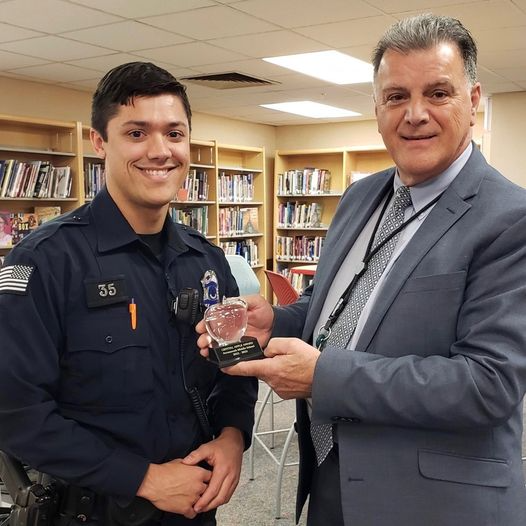 SRO Lemar was recently presented with the Crystal Apple Award from the leadership at the Portsmouth Middle School for his work as an SRO. His effectiveness in this position has made a difference building relationships with students, staff and administration.
