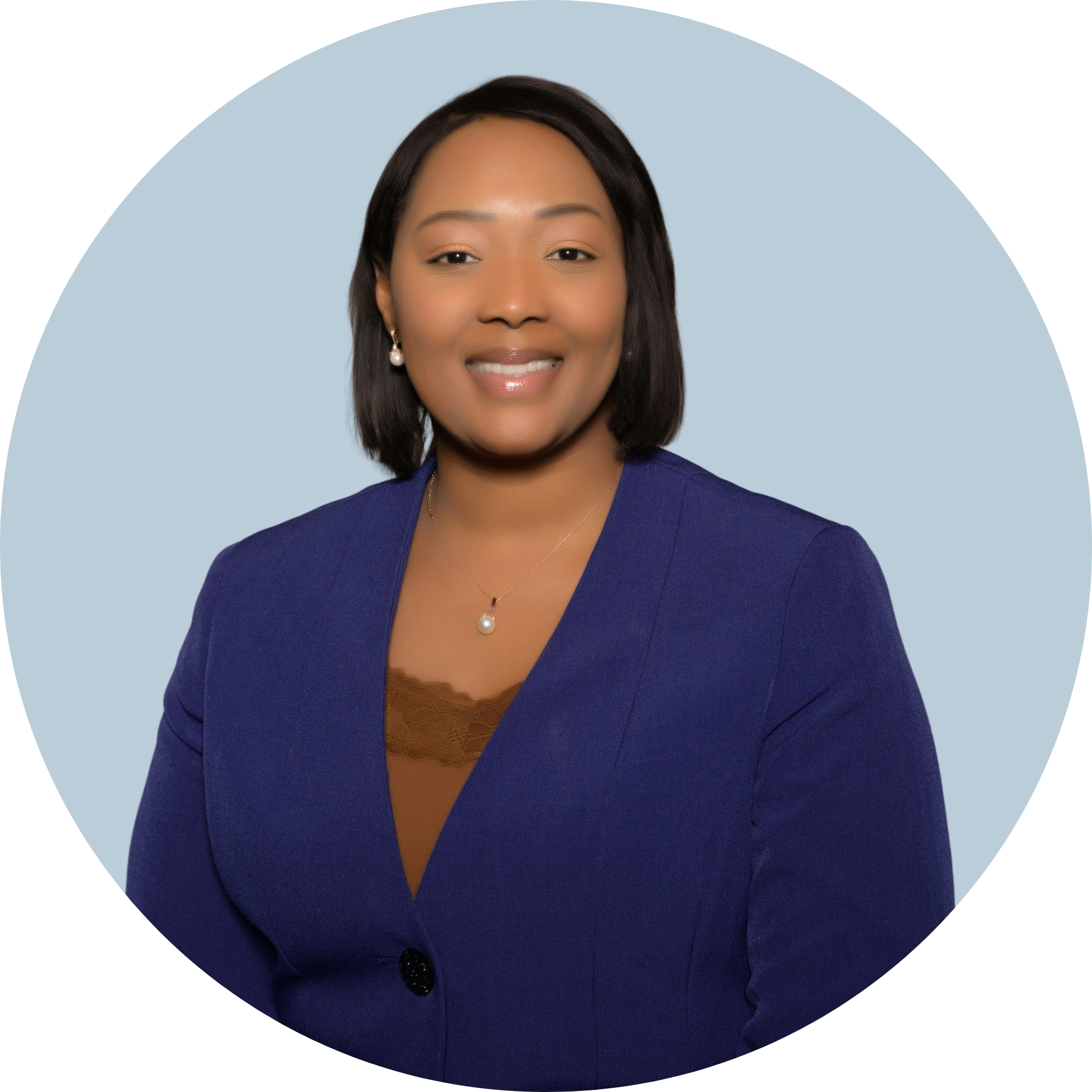 A smiling woman in a blue suit