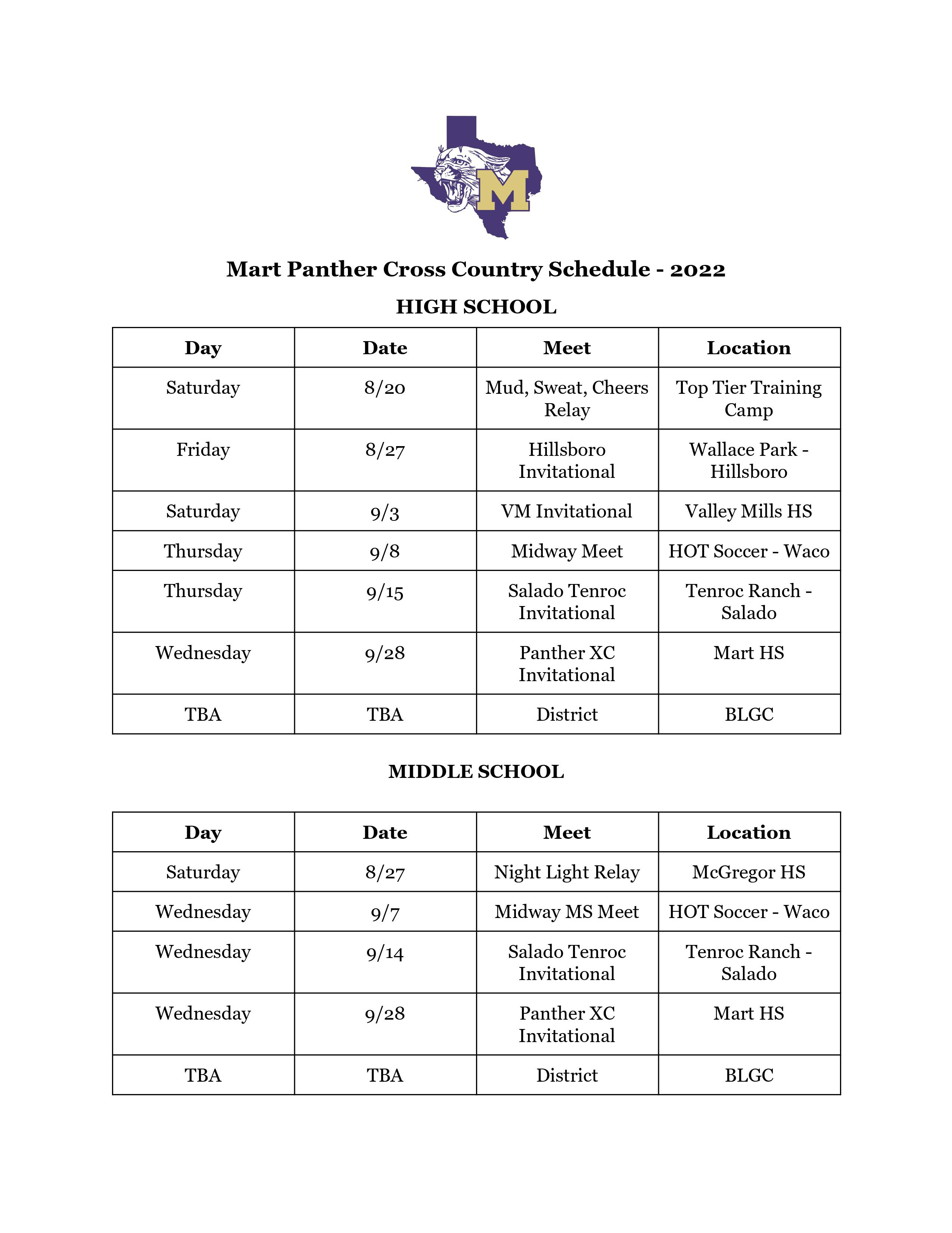 Cross Country 2021 Schedule