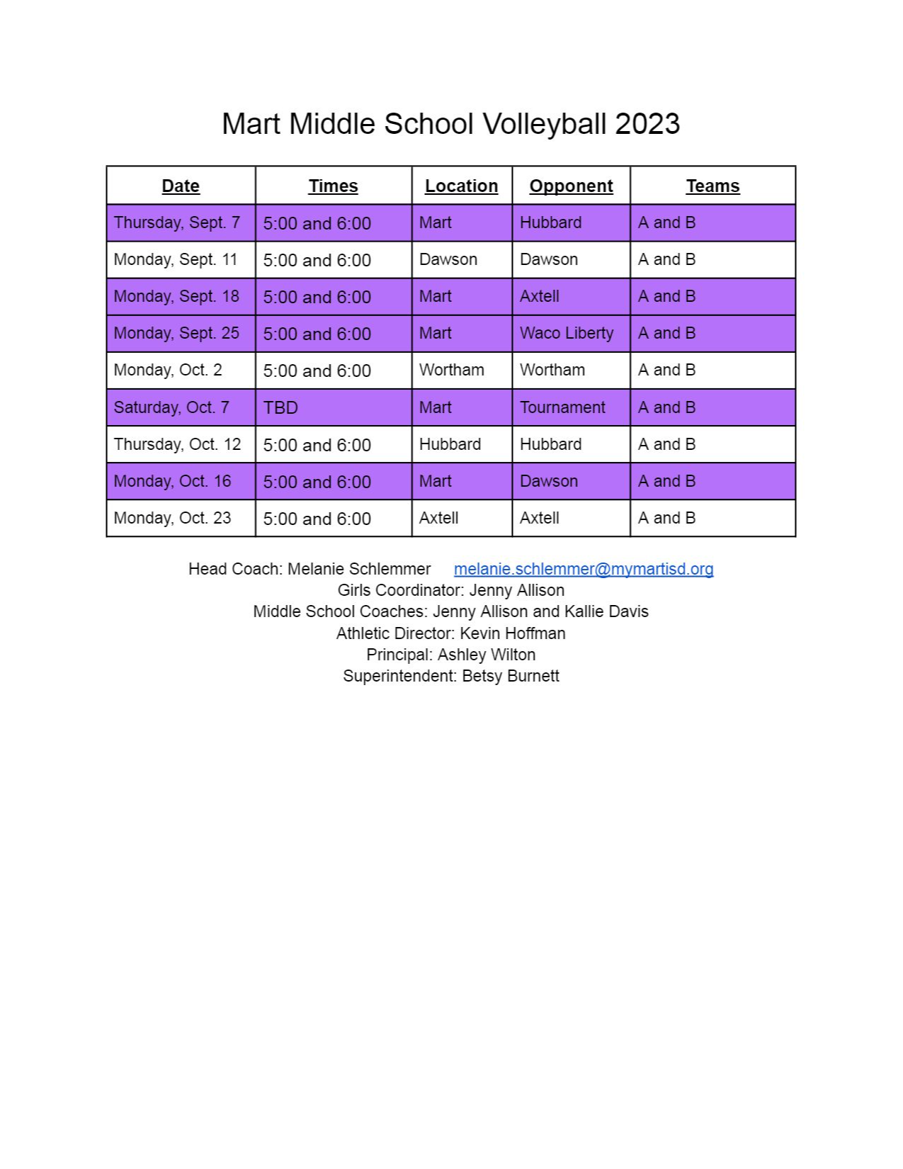 Volleyball middle school schedule