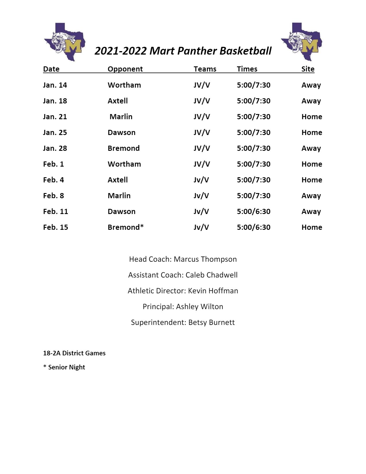 HS Basketball Schedule