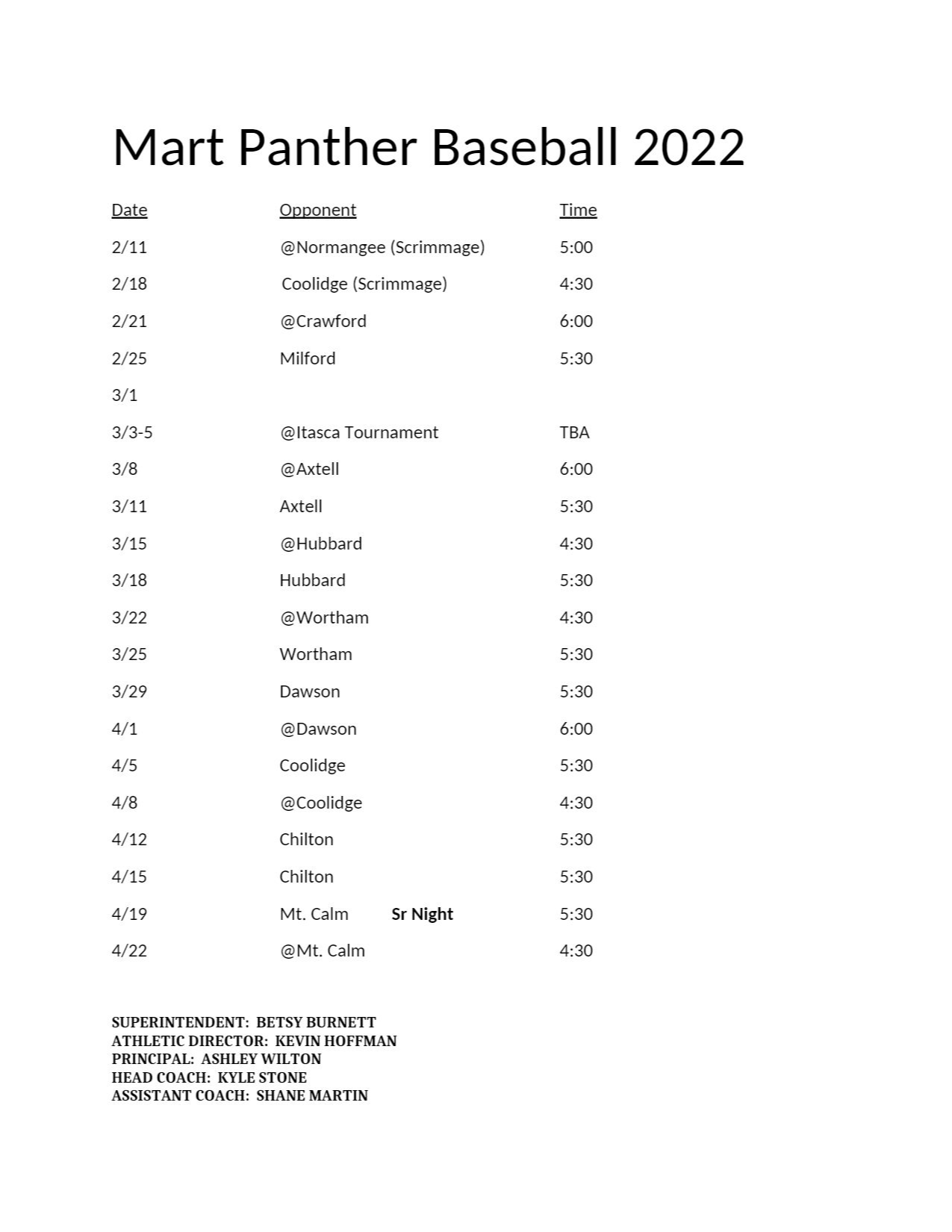 2022 Baseball Schedule