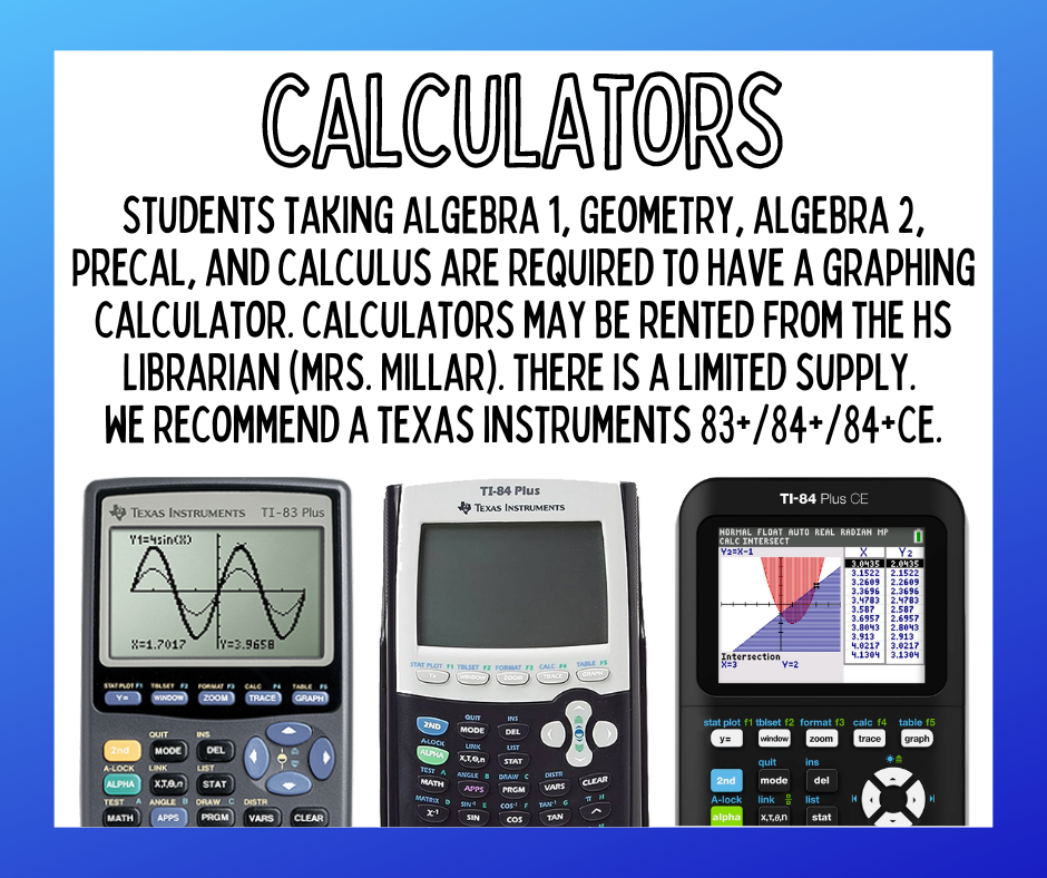 An advertisement for calculators shows three models with accompanying text explaining the requirement for students in various math courses.