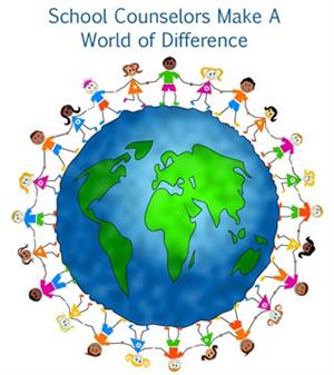 children holding hands around the world with image saying "School counselors make a world of difference"