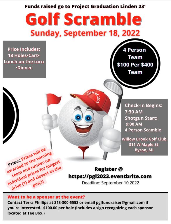 Golf ball with hat on Golf Scramble Sunday, September 18, 2022 for Project Graduation Linden 2023