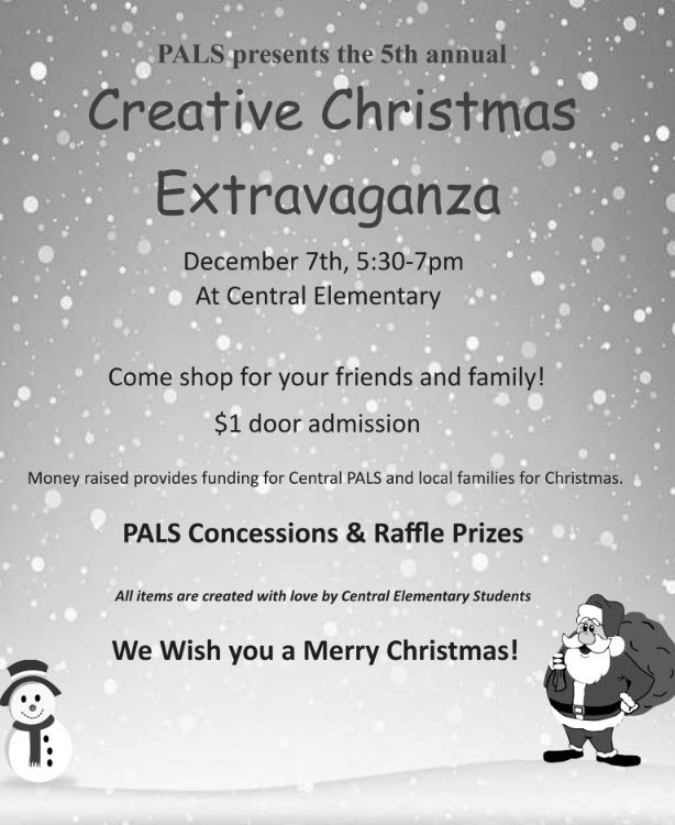 image of santa and snowman with text PALS presents the 5th annual creative christmas extravaganza December 7, 5:30-7pm at Central Elementary