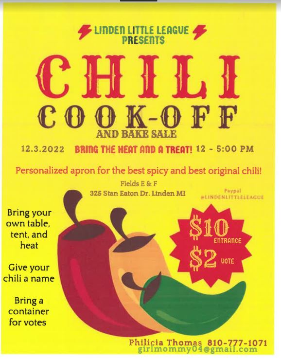 Linden LIttle League presents chili cook-off and bake safe 12-3-2022 bring the heat and a treat!  12-5:00 pm