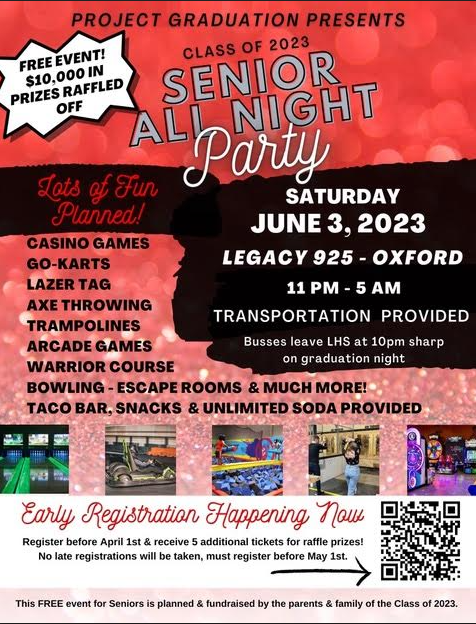 images of games with text project graduation presents class of 2023 senior all night party saturday june 3, 2023 legacy 925-oxford 11 pm - 5 am transportation provided busses leave lhs at 10 pm sharp on graduation night