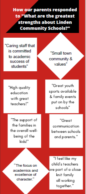IMAGE OF SQUARES AND DIAMONDS with text how our parents responded to What are the greatest strengths about Linden community schools, Caring staff that is committed to academic success of students, small town community & values, 