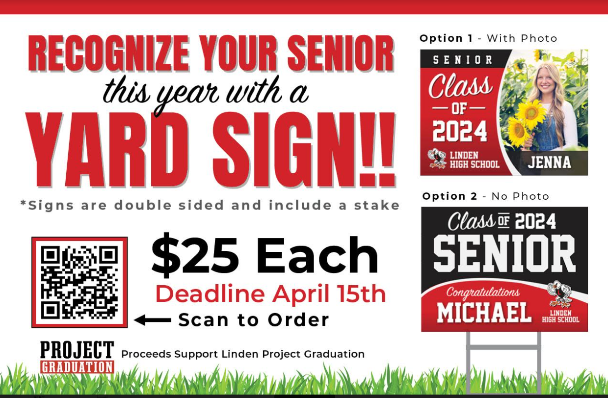 recognize your senior this year with a yard sign!  signs are double sided and include a stake $25 Each deadline april 15th scan to order.