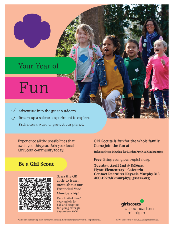 Experience all the possibilities that await you this year. Join your local Girl Scout community today!  Girl Scouts is fun for the whole family. Come join the fun at  Free! Bring your grown-up(s) along.  Adventure into the great outdoors. Dream up a science experiment to explore. Brainstorm ways to protect our planet. ✓ ✓ Fun Your Year of  Be a Girl Scout  