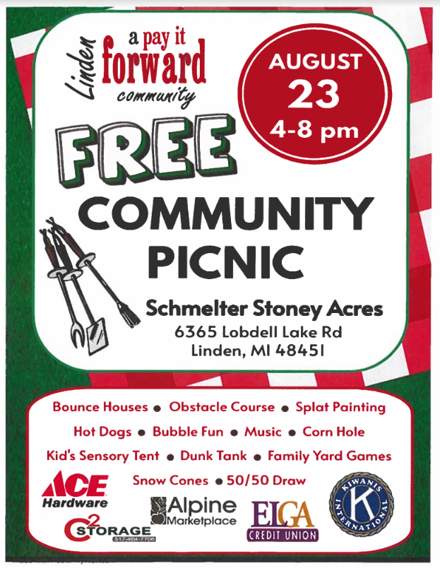 august 23 4-8 free community picnic schmelter stoney acres 6365 lobdell lake road linden mi 48451