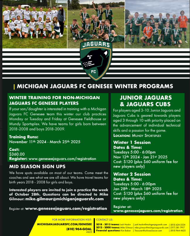 WINTER TRAINING FOR NON-MICHIGAN JAGUARS FC GENESEE PLAYERS If your son/daughter is interested in training with a Michigan Jaguars FC Genesee team this winter our club practices Monday or Tuesday and Friday at Genesee Fieldhouse or Mundy Sportsplex. We have teams for girls born between 2018-2008 and boys 2018-2009. Training Runs: November 11th 2024 - March 25th 2025 Cost: $360.00 Register: www.geneseejaguars.com/registrationMICHIGAN JAGUARS FC GENESEE WINTER PROGRAMS  MID SEASON SIGN UPS We have spots available on most of our teams. Come meet the coaches and see what we are all about. We have travel teams for birth years 2018 - 2008 for girls and boys. Interested players are invited to join a practice the week of October 28th. Questions can be directed to Mike Gilmour: mike.gilmour@michiganjaguarsfc.com Register at: www.geneseejaguars.com/registration