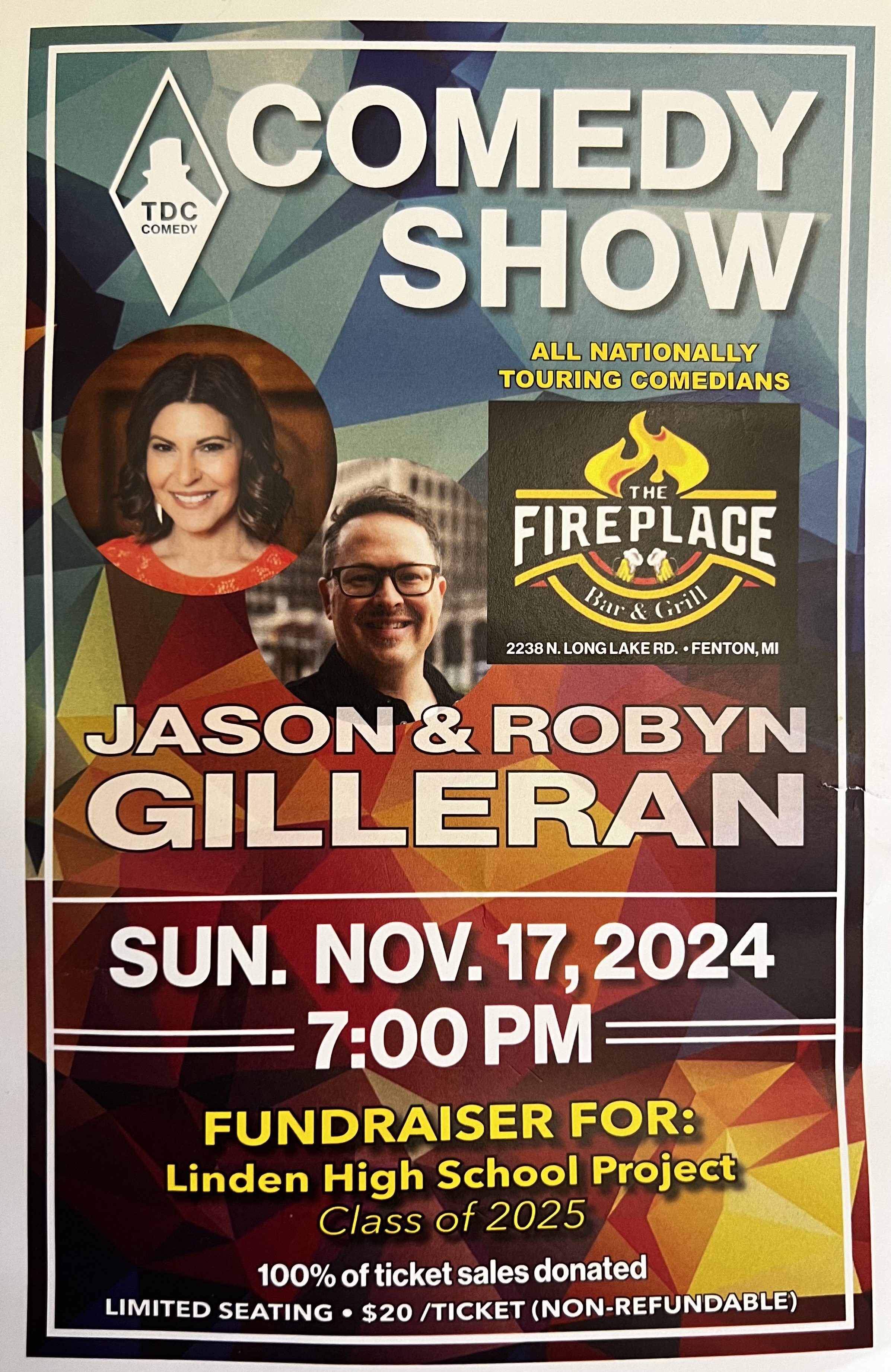 IMAGE OF JASON & ROBYN GILLERAN, FUNDRAISER FOR LINDEN HIGH SCHOOL PROJECT CLASS OF 2025 COMEDY SHOW SUNDAY NOVEMBER 17, 2024 AT 7:00 PM