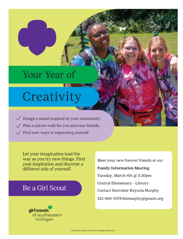 image of girls with text be a girl scout family information meeting march 4th @ 5:30 pm Central Elementary Library contact 313-400-1929 or kkmurphy@gssem.org