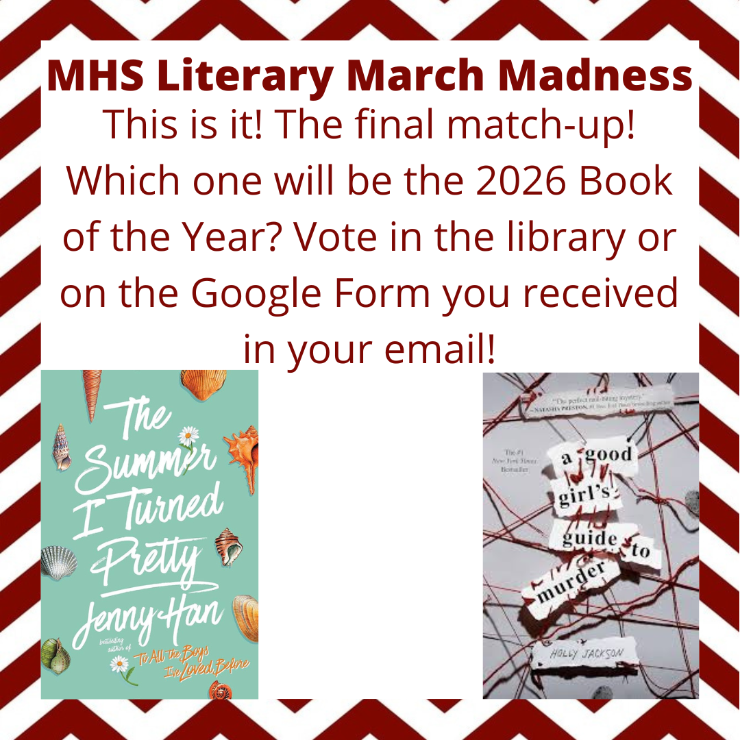 white square with maroon and white chevron border. Inside the square is a picture of two book covers. The maroon text announces that  a Google Form was emailed so students can vote for their favorite of the two books.