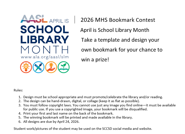 School Library Month Logo with instructions on how to enter bookmark contest