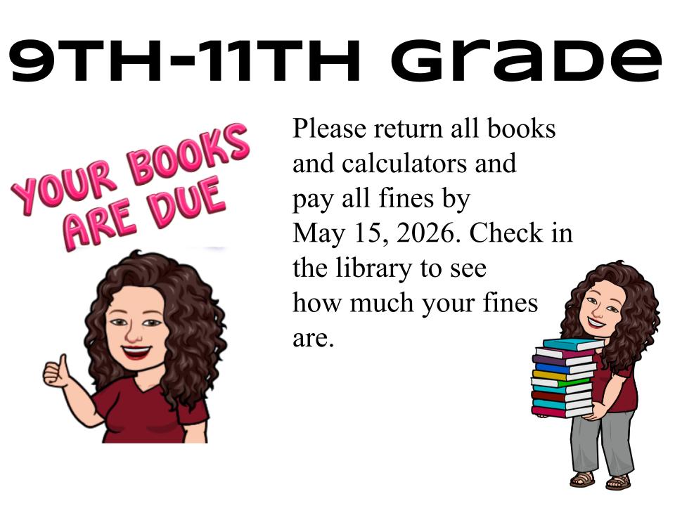 bitmoji picture of a woman with a thumbs up and a woman holding stack of books, announcing the final due date for library books