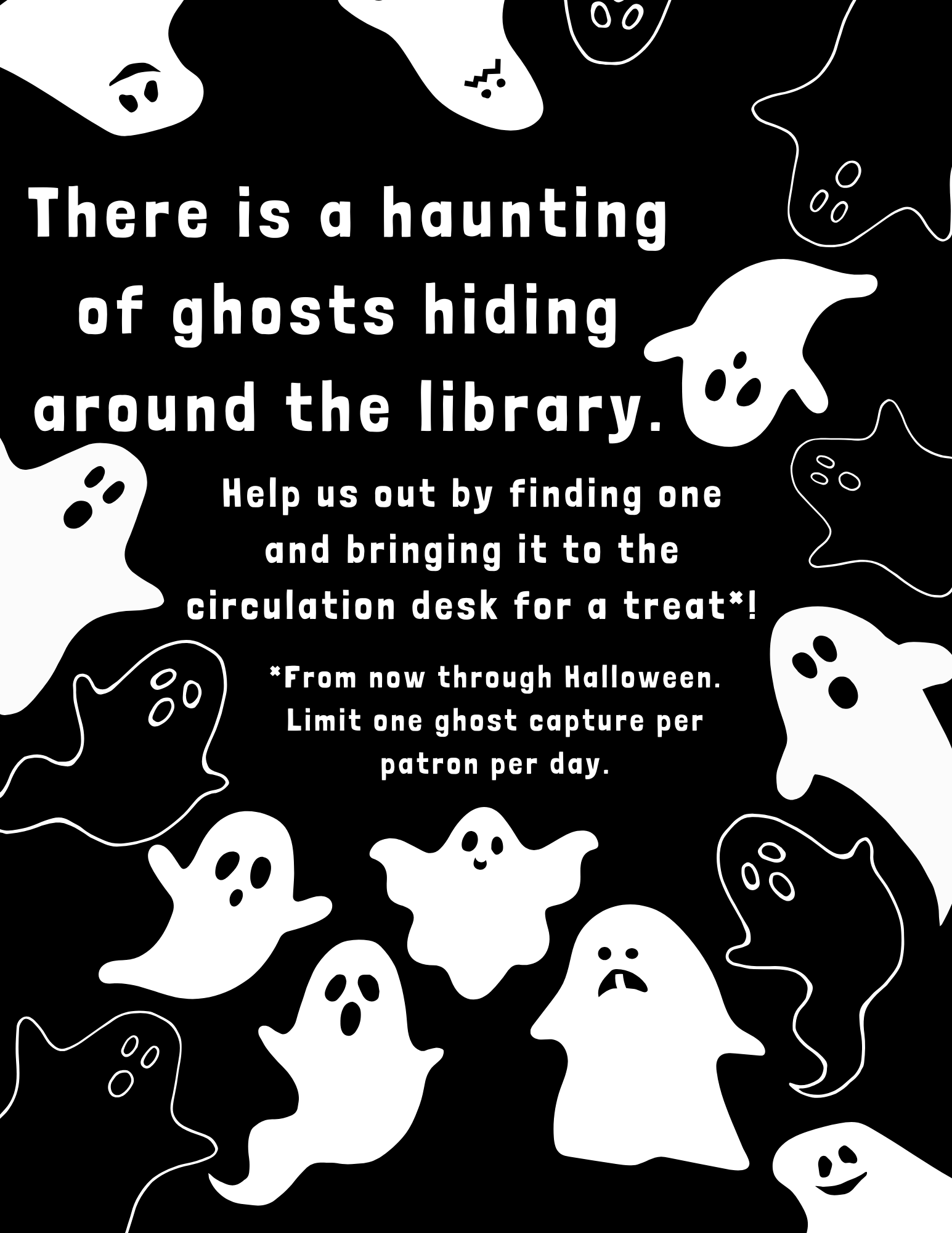 black background with ghosts around the edges, announcing a library contest