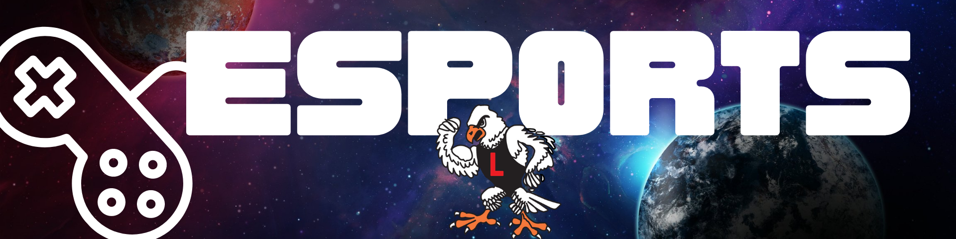 ESports header with controller and Eagle. Background is space.