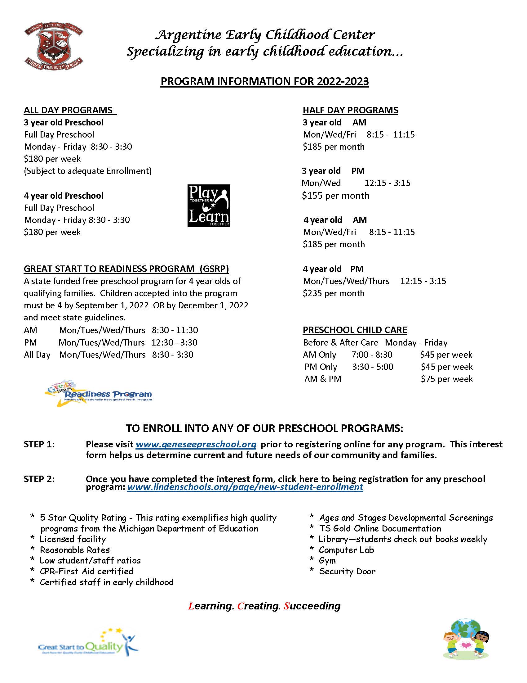 Preschool Information Classes and times and cost