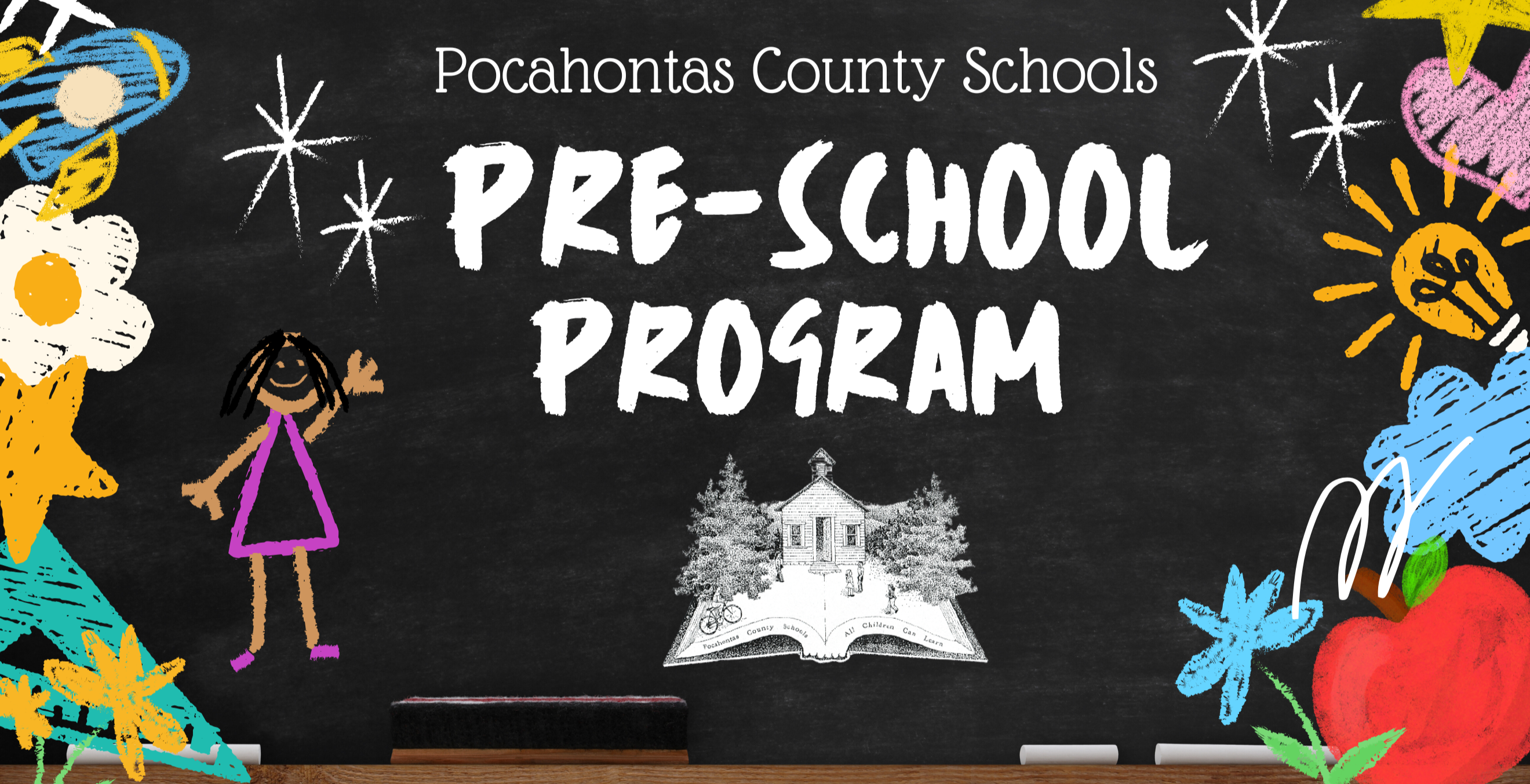 Image of chalkboard with various drawings and text saying: Pocahontas County Schools Pre-School Programs