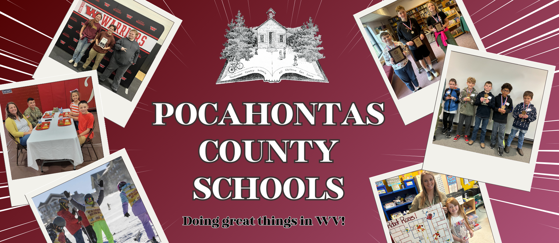 Photos of children and a maroon background and text: Pocahontas County Schools: Doing great things in WV!