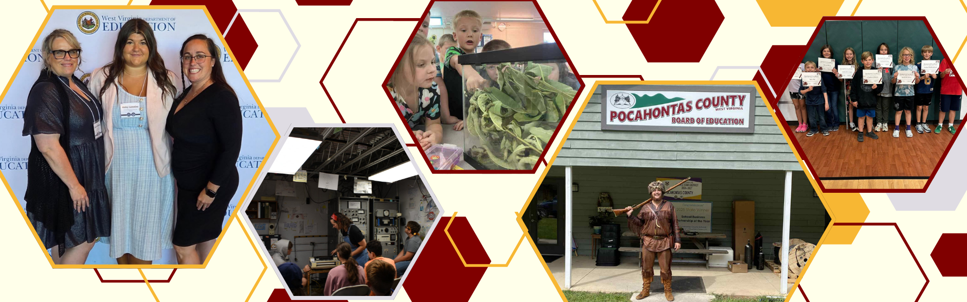 Photos of children and a maroon background and text: Pocahontas County Schools: Doing great things in WV!