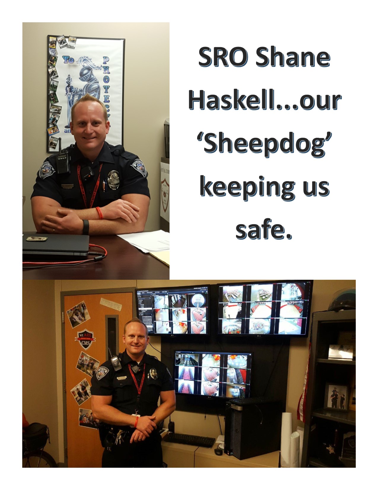 Flyer of Officer Haskell stating "SRO Haskell ... our Sheepdog keeping us safe"