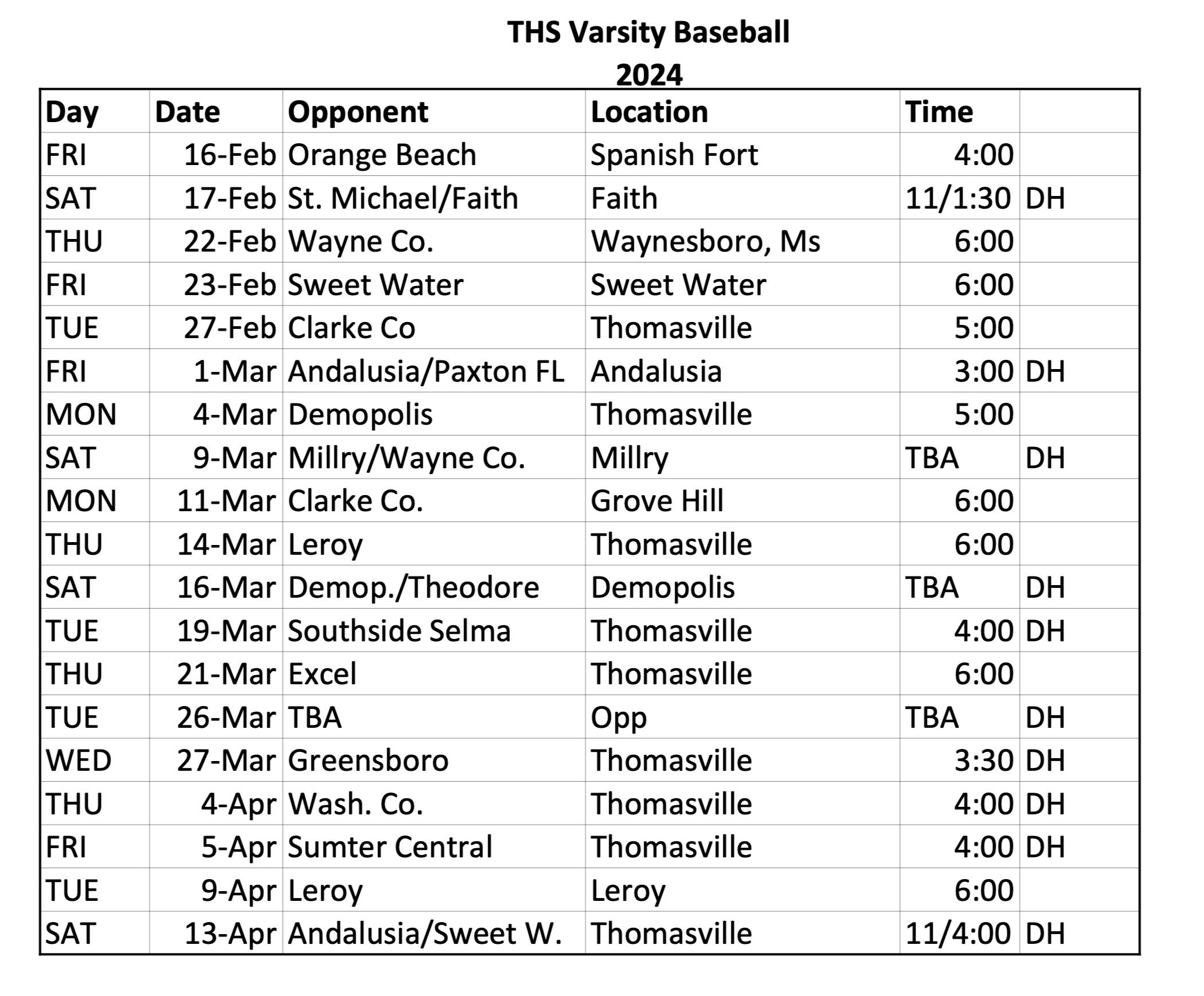 2023 THS baseball schedule