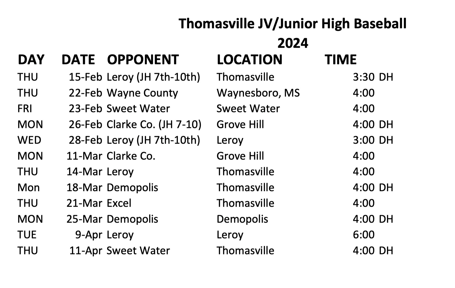 2023 THS JV baseball schedule